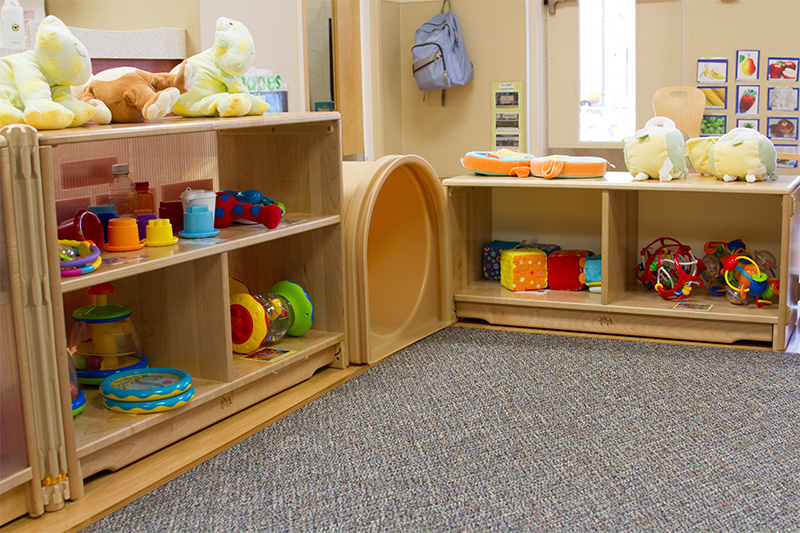 example of a learning environment for infants including stuffed animals and dinosaurs and more