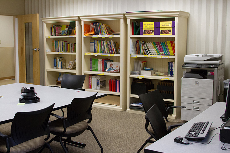 An example of a staff library with three sets of bookshelves