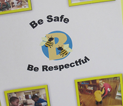 Staff created and display this poster with photos and rules like "Be Safe, Be Respectful" at their program.